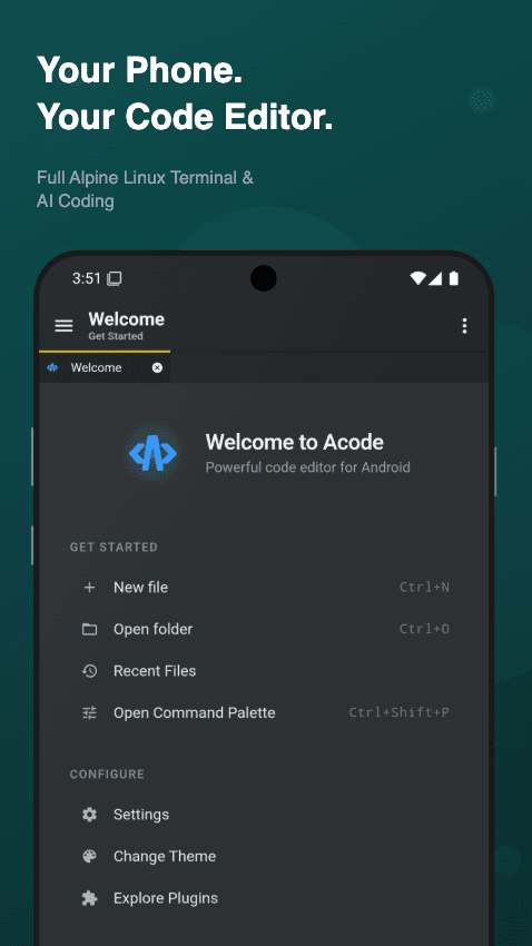 Скриншот 1 — Acode IDE: Terminal & AI Code