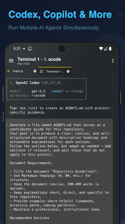 Скриншот 3 — Acode IDE: Terminal & AI Code