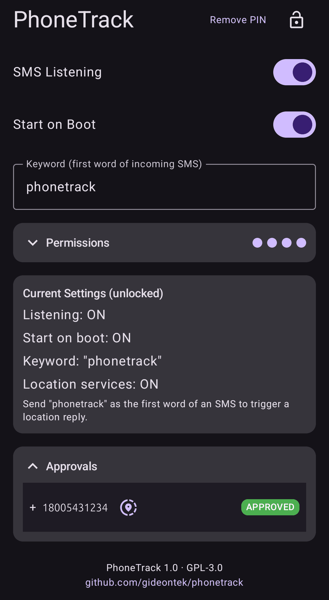 Скриншот 1 — PhoneTrack SMS