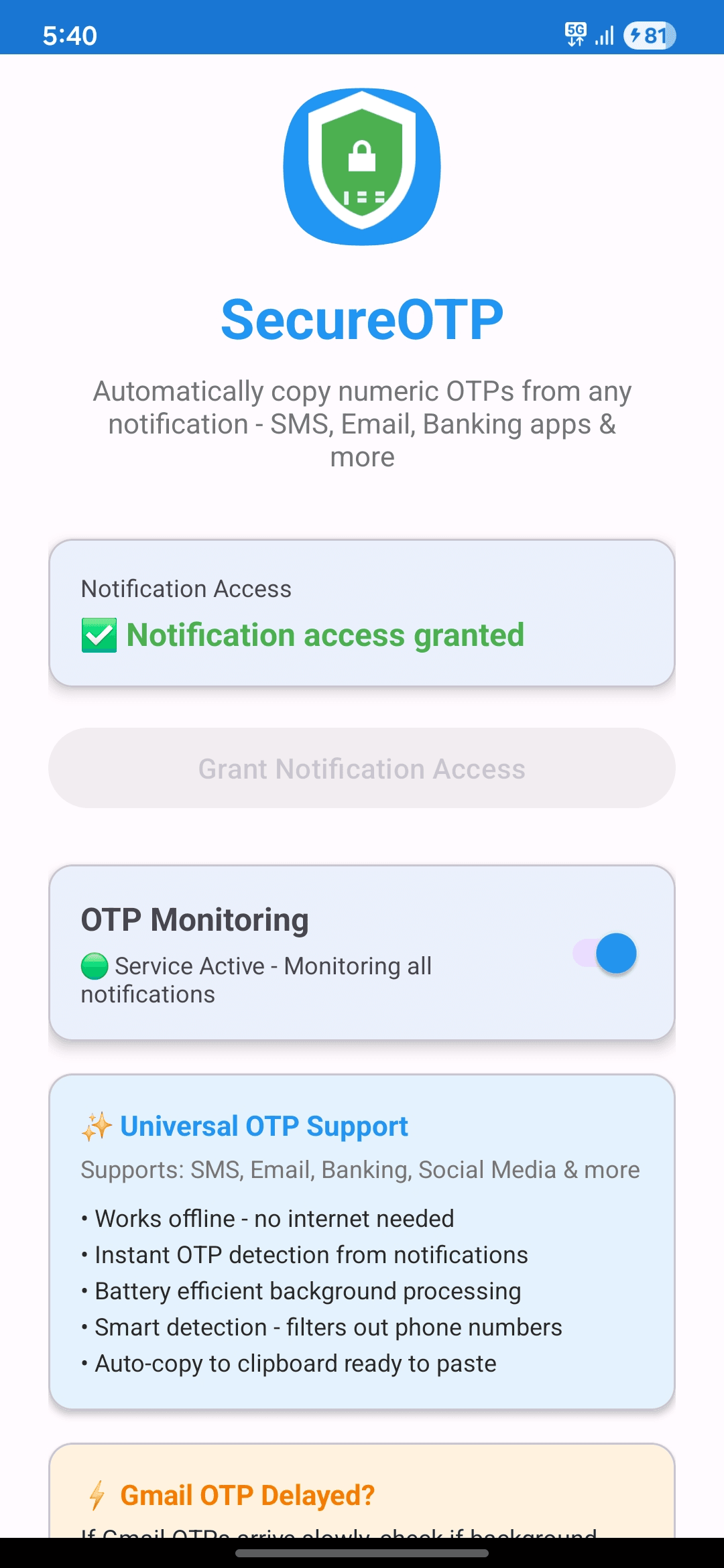Скриншот 1 — SecureOTP - Universal OTP Extractor