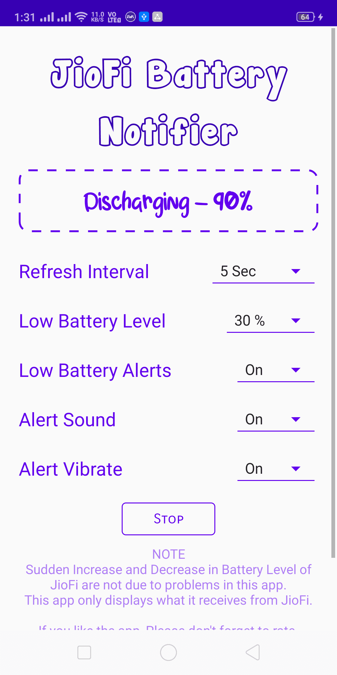 Скриншот 1 — JioFi Battery Notifier